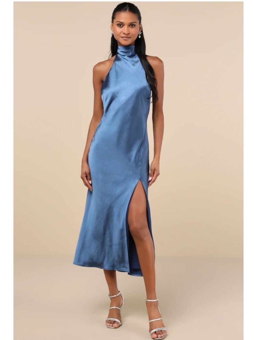 Lulu's Satin High-Neck Slip Dress in Teal Blue